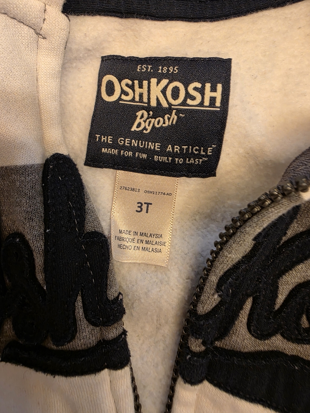 OshKosh B'gosh Toddler 3T Gray Cream Zip-Up Sweater